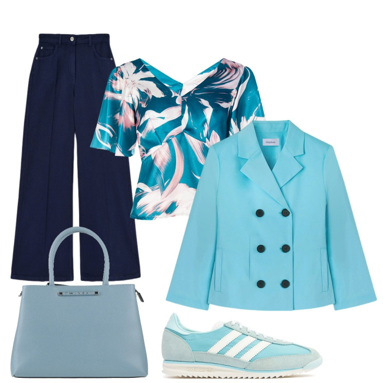 Outfit donna - La giacca a “scatoletta” turchese. Stile Chic per Cerimonia. Abbinamento con borse a mano, bluse, blazer, pantaloni, sneakers.