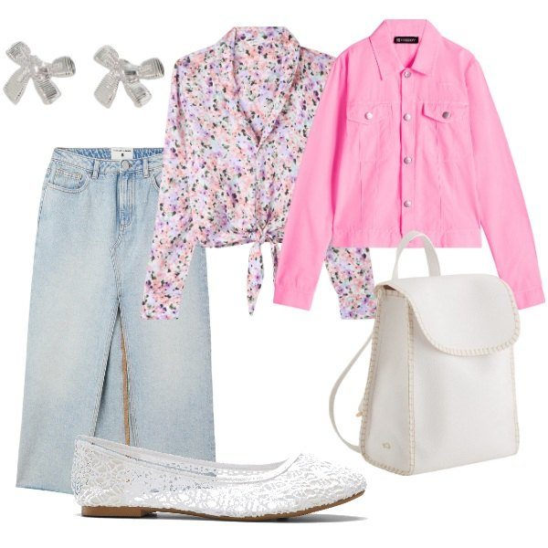 Outfit donna - Colori di Aprile. Stile Casual chic per Tutti i giorni. Abbinamento con ballerine, gonne lunghe, camicie, blazer, orecchini, zaini.