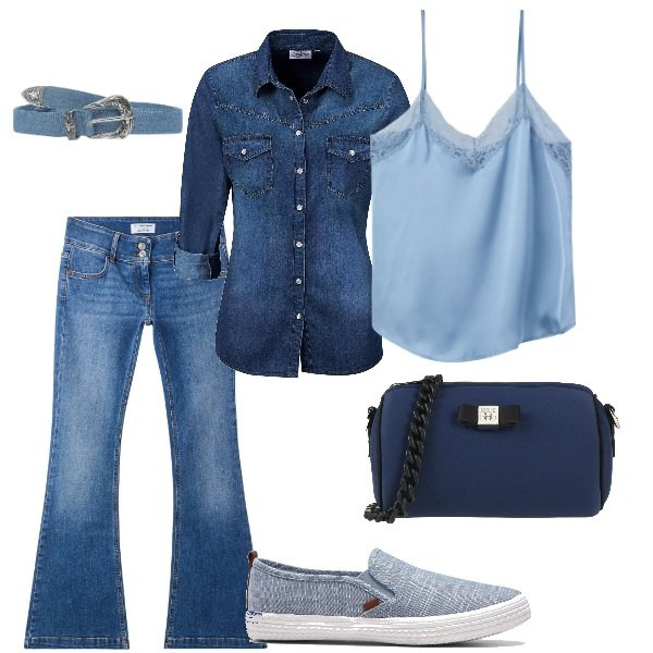 Outfit donna - Serata tra amici. Stile Casual per Serata fuori. Abbinamento con camicie, sneakers, borse a tracolla, cinture, top, jeans.