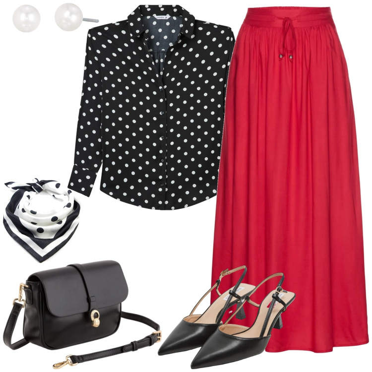 Outfit donna - Pois & skirt. Stile Casual chic per Serata fuori. Abbinamento con gonne lunghe, foulard, sabot, camicie, orecchini, borse a tracolla.