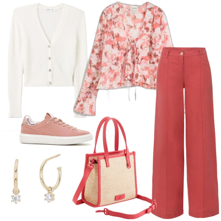 Outfit donna - Corallo. Stile Casual per Tutti i giorni. Abbinamento con pantaloni a palazzo, bluse, sneakers, orecchini, cardigans, borse a mano.