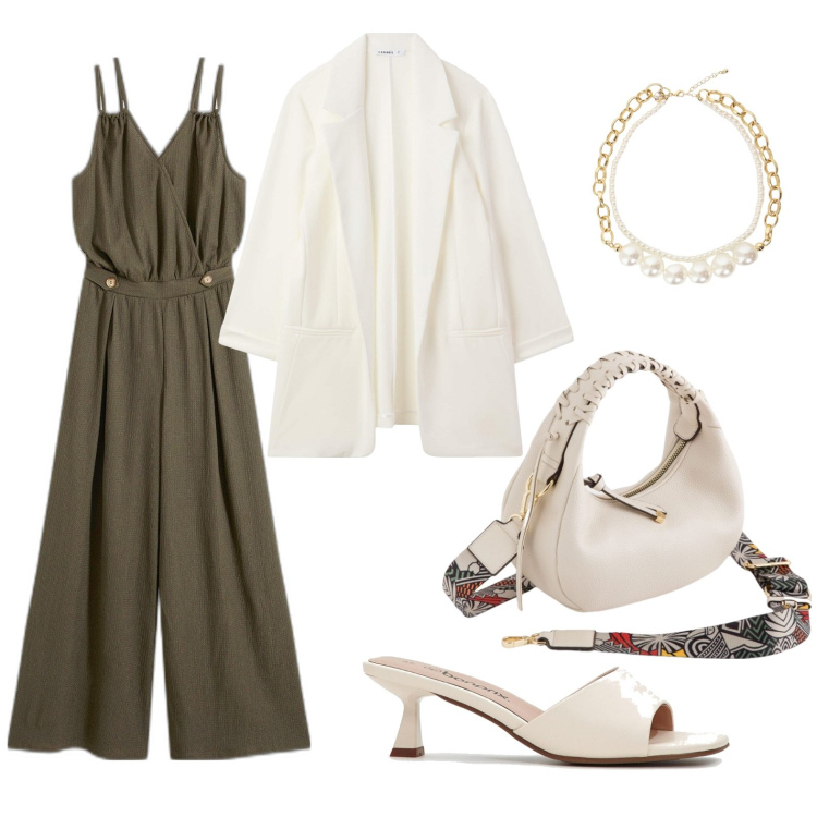 Outfit donna - Tuta per ogni occasione. Stile Casual chic per Serata fuori. Abbinamento con ciabatte, tute, blazer, collane, borse a tracolla.