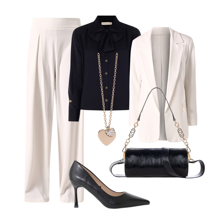 Outfit donna - Intramontabile black & white. Stile Chic per Serata fuori. Abbinamento con ciondoli, pantaloni a palazzo, bluse, borse a mano, blazer, décolleté.