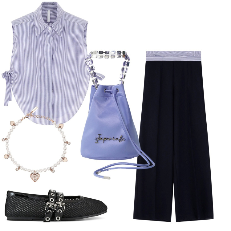 Outfit donna - Total look #2115817. Stile Casual per Ufficio. Abbinamento con braccialetti, camicie, borse a secchiello, pantaloni a palazzo, ballerine.
