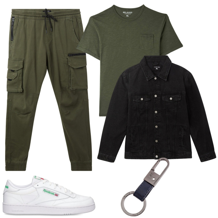 Outfit uomo - Dettagli metallici. Stile Urban per Tutti i giorni. Abbinamento con giacche, t-shirt, pantaloni cargo, sneakers, portachiavi.