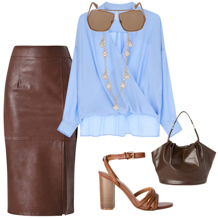 Outfit donna - Chic. Stile Chic per Ufficio. Abbinamento con bluse, collane, gonne longuette, occhiali da sole, borse a secchiello, sandali col tacco.