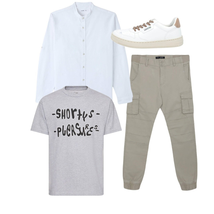 Outfit uomo - Total look. Stile Casual per Tutti i giorni. Abbinamento con sneakers, camicie, pantaloni cargo, t-shirt.