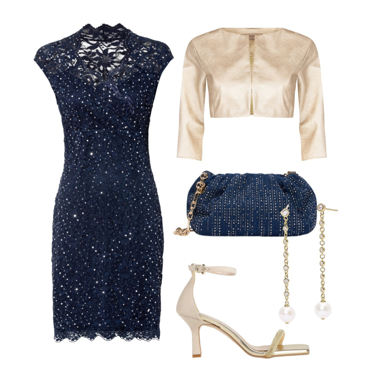 Outfit donna - Evento in pizzo e paillettes. Stile Chic per Cerimonia. Abbinamento con vestiti, sandali col tacco, orecchini, bolero, clutch.
