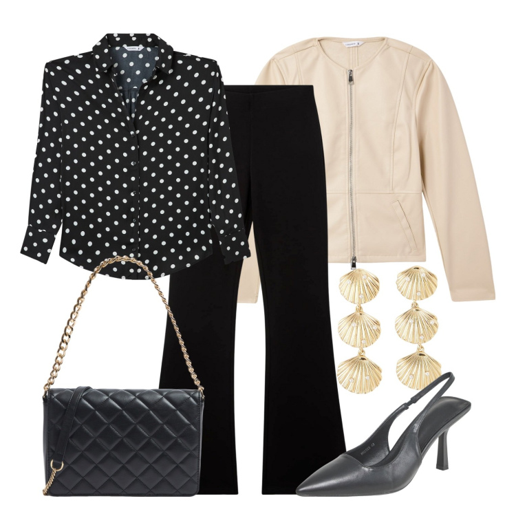 Outfit donna - L\'eleganza a passeggio. Stile Casual chic per Serata fuori. Abbinamento con blazer, orecchini, camicie, pantaloni, décolleté, borse a tracolla.