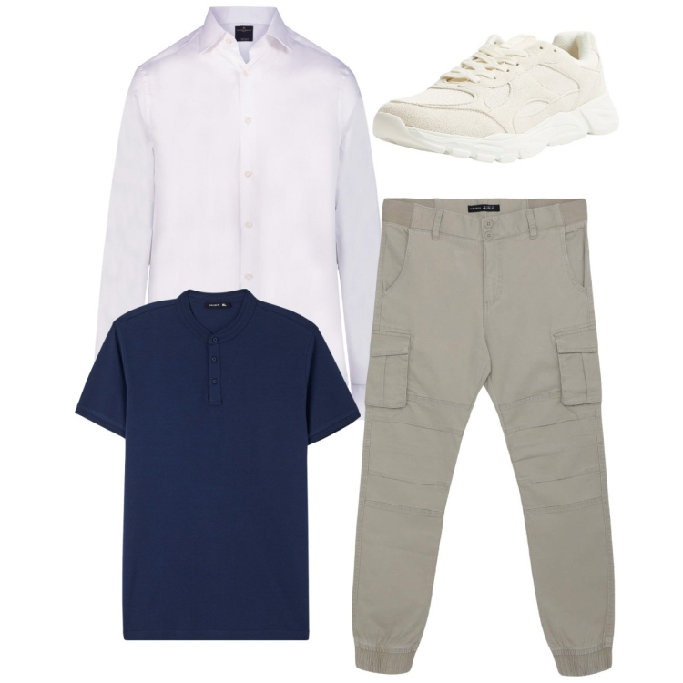 Outfit uomo - Total look. Stile Casual per Tutti i giorni. Abbinamento con t-shirt, pantaloni cargo, sneakers, camicie.
