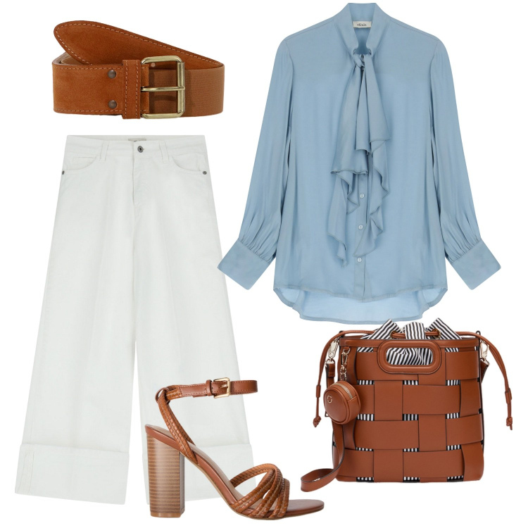 Outfit donna - Total look #2115852. Stile Casual chic per Serata fuori. Abbinamento con cinture, pantaloni, bluse, sandali col tacco, borse a secchiello.