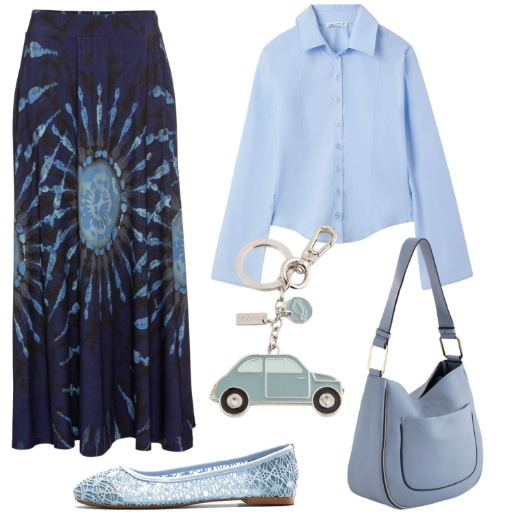 Outfit donna - Gonna e camicia. Stile Basic per Tutti i giorni. Abbinamento con gonne, ballerine, camicie, borse a tracolla, portachiavi.