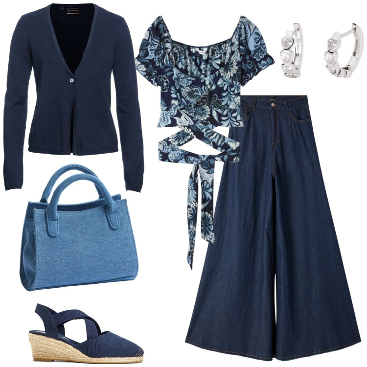 Outfit donna - Il jeans scampanati. Stile Casual per Tutti i giorni. Abbinamento con sandali col tacco, cardigans, bluse, jeans, borse a tracolla, orecchini.