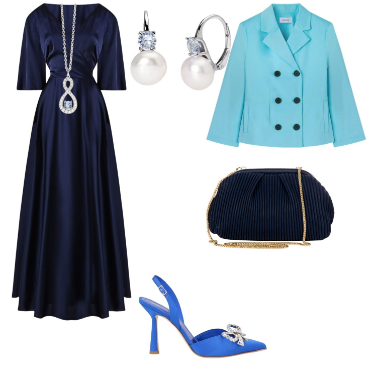 Outfit donna - Testimone dello sposo. per Cerimonia. Abbinamento con décolleté, pochette, vestiti midi/longuette, ciondoli, orecchini, blazer.