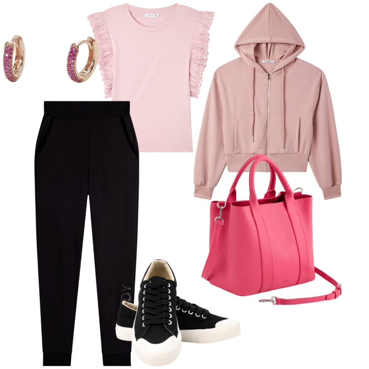 Outfit donna - Uscita dalla palestra. per Sport. Abbinamento con t-shirt, felpe con cappuccio, orecchini, pantaloni, sneakers, borse a mano.