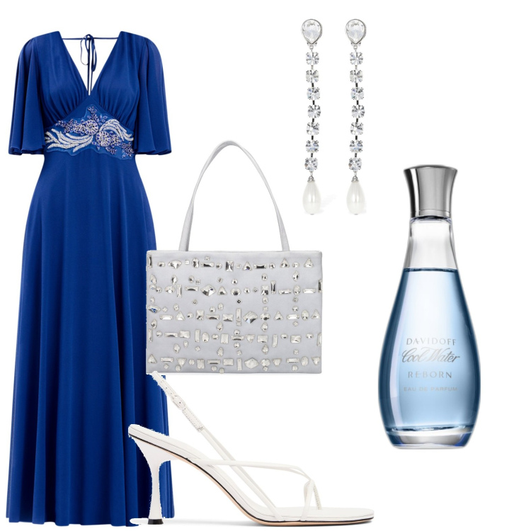 Outfit donna - Madre della sposa. Stile Chic per Cerimonia. Abbinamento con profumi, vestiti lunghi, borse a spalla, sandali in pelle, orecchini.