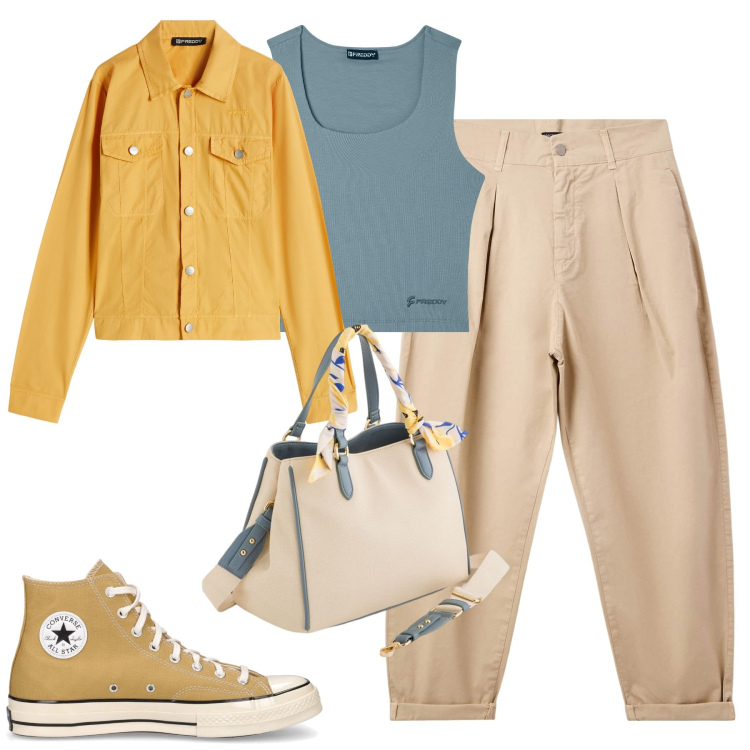 Outfit donna - City. Stile Casual per Tutti i giorni. Abbinamento con pantaloni, blazer, top, sneakers, borse a mano.