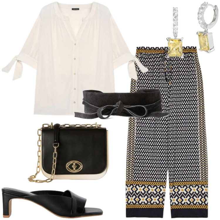 Outfit donna - Etnico chic. Stile Etnico per Serata fuori. Abbinamento con cinture, orecchini, pantaloni, camicie, sabot, borse a tracolla.