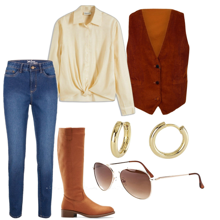 Outfit donna - Cowgirl story. Stile Vintage retrò per Tutti i giorni. Abbinamento con stivali, jeans skinny, occhiali da sole, bluse, orecchini, gilet.