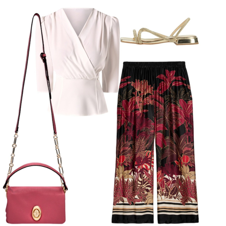Outfit donna - Classe. Stile Chic per Serata fuori. Abbinamento con sandali, bluse, pantaloni, borse a tracolla.