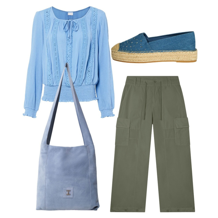 Outfit donna - Azzurro e oliva. Stile Casual per Tutti i giorni. Abbinamento con bluse, espadrillas, borse a tracolla, pantaloni cargo.