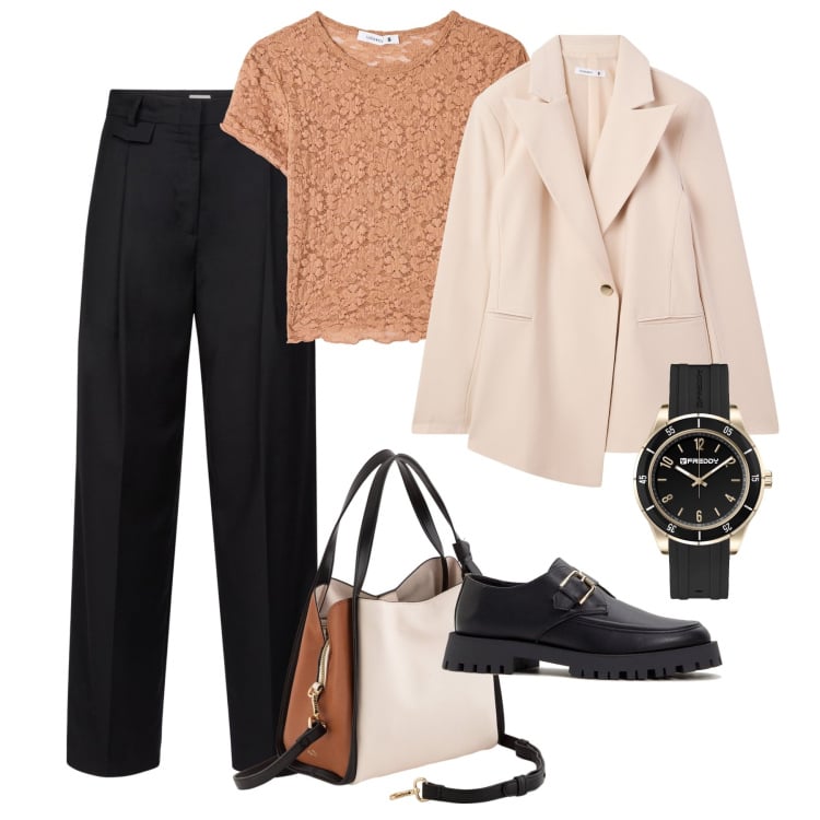 Outfit donna - Mannish primavera in pizzo. Stile Mannish per Ufficio. Abbinamento con mocassini, blazer, t-shirt, orologi, pantaloni, borse a mano.