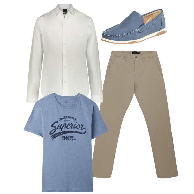 Outfit uomo - Total look. Stile Casual per Tutti i giorni. Abbinamento con scarpe stringate, pantaloni chino, t-shirt, camicie.