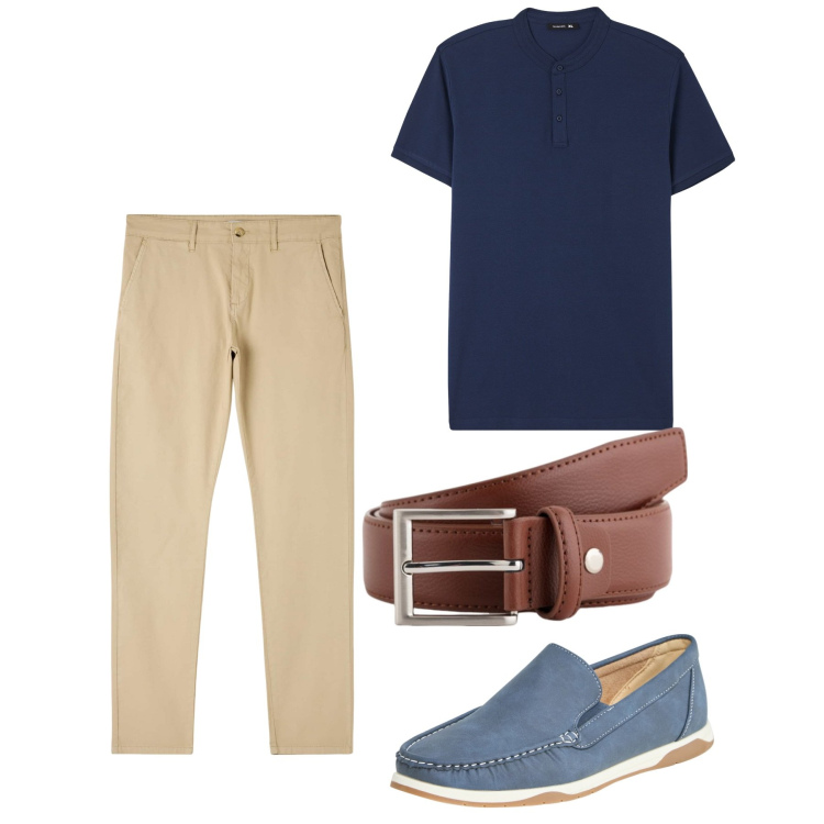 Outfit uomo - Aprile. Stile Casual per Tutti i giorni. Abbinamento con t-shirt, pantaloni chino, scarpe stringate, cinture.