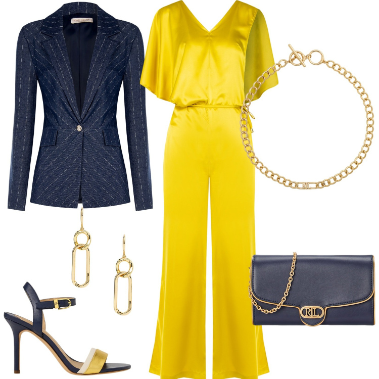 Outfit donna - Cerimonia: dress code brillare, sempre!. Stile Chic per Cerimonia. Abbinamento con tute, blazer, sandali in pelle, borse a tracolla, orecchini, collane.