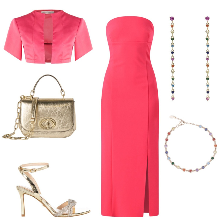 Outfit donna - Total look #2115943. Stile Glamour per Cerimonia. Abbinamento con vestiti midi/longuette, bolero, sandali col tacco, braccialetti, orecchini, borse a tracolla.