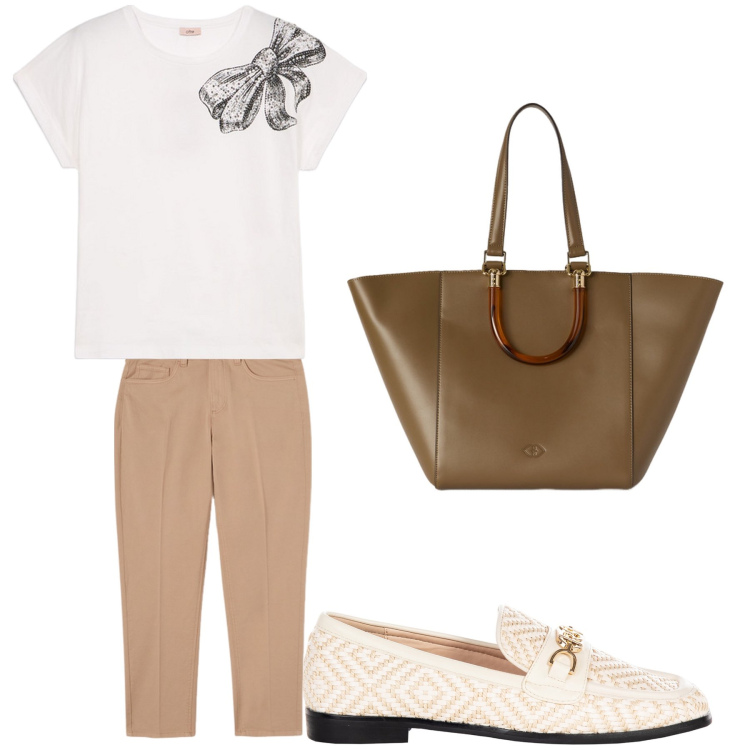 Outfit donna - Aperitivo. Stile Trendy per Tutti i giorni. Abbinamento con mocassini, shopping bag, t-shirt, pantaloni.