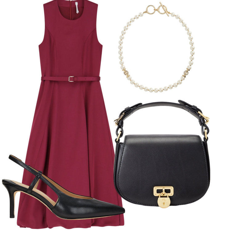 Outfit donna - Brunch al golf club. Stile Bon Ton per Ufficio. Abbinamento con vestiti midi/longuette, borse a tracolla, décolleté, collane.