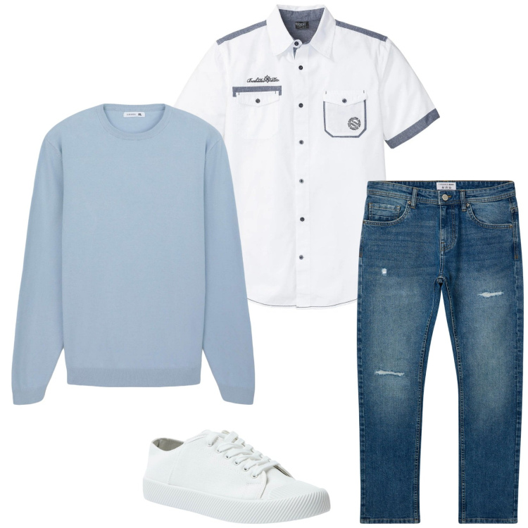 Outfit uomo - Total look #2115953. Stile Casual per Tutti i giorni. Abbinamento con camicie a manica corta, sneakers, jeans strappati, maglieria.