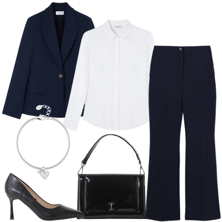 Outfit donna - Festa di laurea. Stile Mannish per Cerimonia. Abbinamento con braccialetti con ciondoli, borse a tracolla, décolleté, pantaloni a palazzo, camicie, blazer.