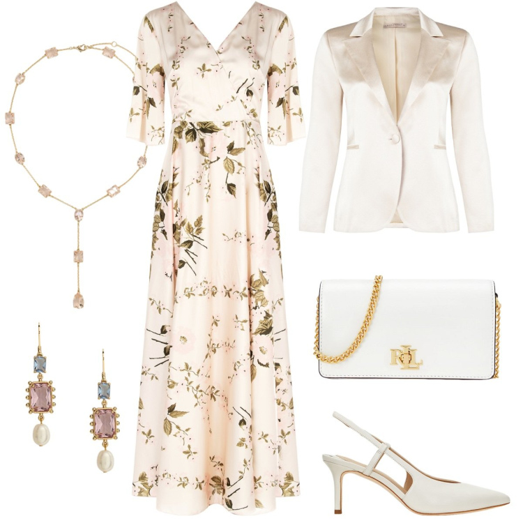 Outfit donna - Testimone di nozze. Stile Chic per Cerimonia. Abbinamento con vestiti lunghi, blazer, décolleté, orecchini, collane, borse a mano.