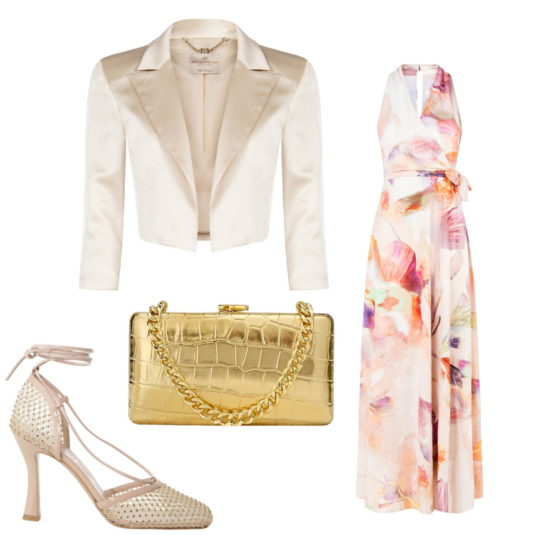 Outfit donna - Fiori e oro. Stile Chic per Cerimonia. Abbinamento con bolero, vestiti lunghi, décolleté, clutch.