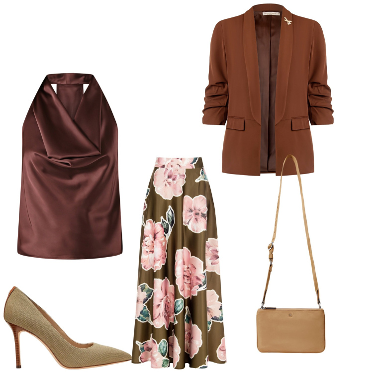Outfit donna - Floreale. Stile Chic per Cerimonia. Abbinamento con gonne, top, blazer, décolleté, borse a tracolla.