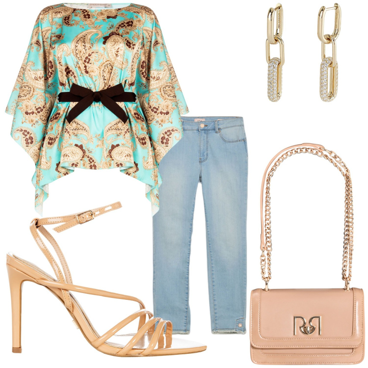 Outfit donna - Ape con gli amici. Stile Trendy per Tutti i giorni. Abbinamento con orecchini, bluse, borse a tracolla, sandali col tacco, jeans skinny.