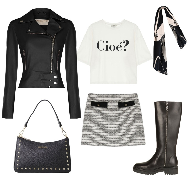 Outfit donna - Pomeriggio di shopping. Stile Rock per Tutti i giorni. Abbinamento con stivali, borse a spalla, t-shirt, giacche, sciarpe, minigonne.