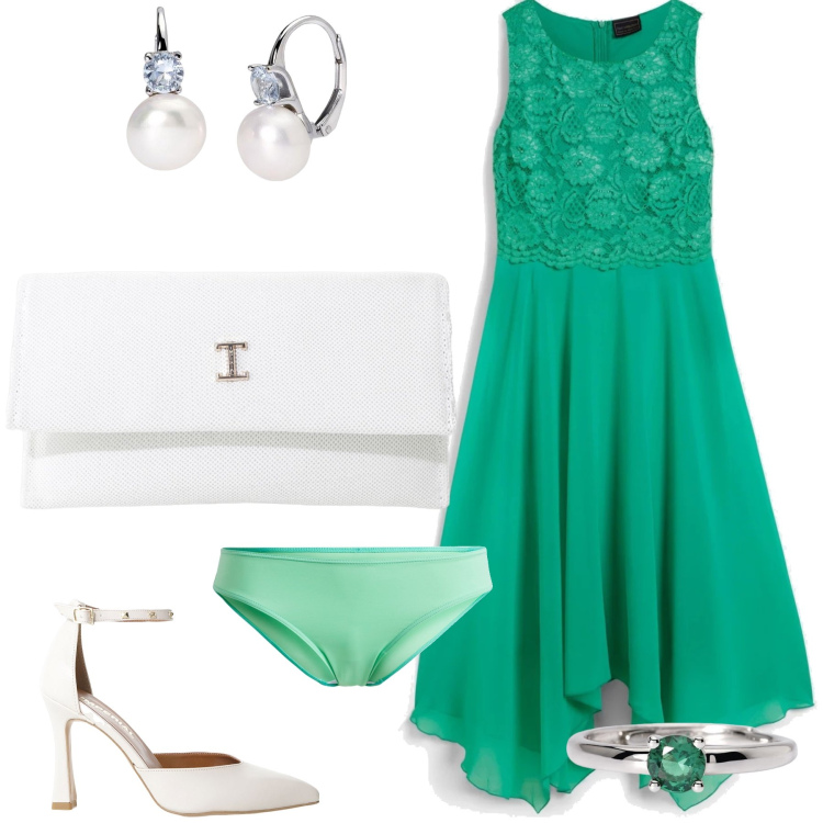 Outfit donna - Cerimonia in verde smeraldo. Stile Glamour per Cerimonia. Abbinamento con vestiti midi/longuette, culotte, anelli, orecchini, décolleté, borse a tracolla.