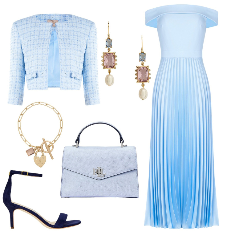 Outfit donna - L\' amica della sposa. Stile Chic per Cerimonia. Abbinamento con vestiti, bolero, borse a mano, sandali in pelle, braccialetti, orecchini.