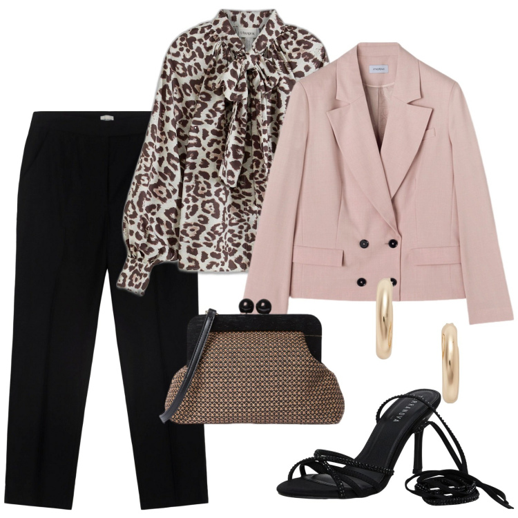 Outfit donna - La camicia col fiocco. Stile Chic per Cerimonia. Abbinamento con camicie, sandali alla schiava, orecchini, pantaloni, clutch, blazer.