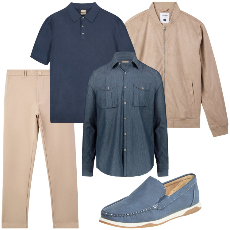 Outfit uomo - Layering primaverile. Stile Urban per Ufficio. Abbinamento con bomber, pantaloni chino, scarpe stringate, camicie, polo.