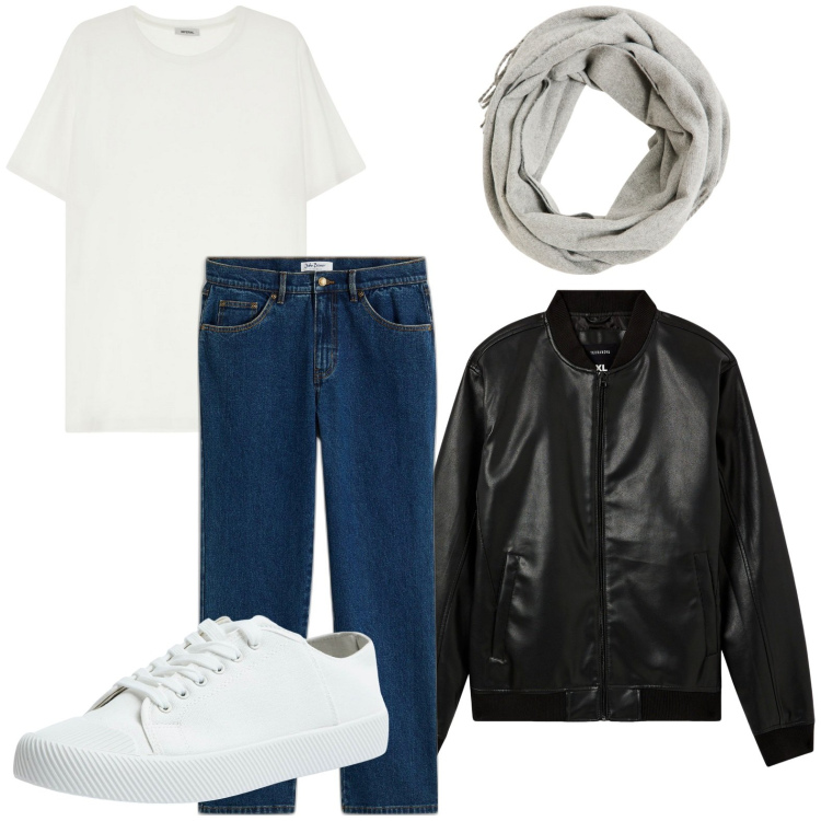 Outfit uomo - Minimal april. Stile Casual per Serata speciale. Abbinamento con jeans dritti, bomber, sciarpe, sneakers, t-shirt.