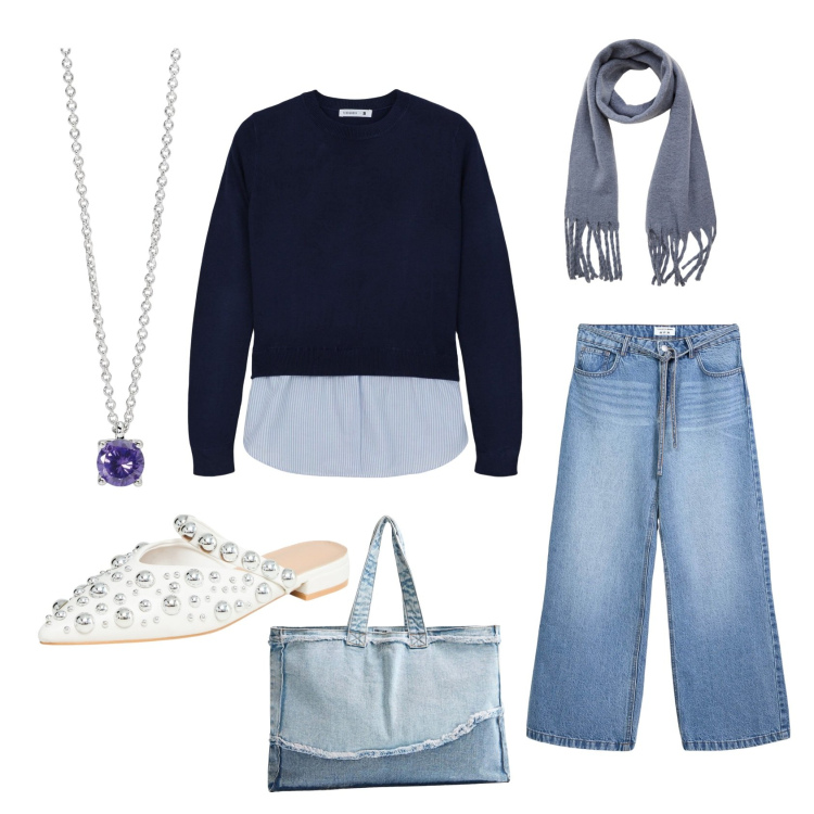 Outfit donna - Casual. Stile Casual per Tutti i giorni. Abbinamento con jeans, ballerine, shopping bag, sciarpe, maglieria, collane.