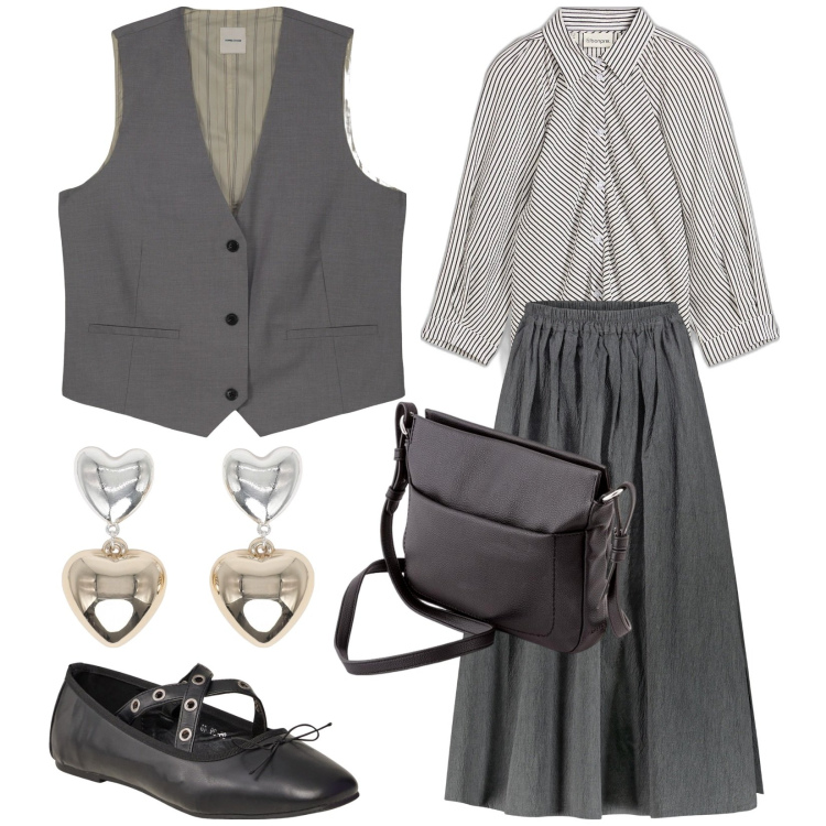 Outfit donna - In ufficio. Stile Bon Ton per Ufficio. Abbinamento con camicie, ballerine, orecchini, gilet, gonne, borse a tracolla.