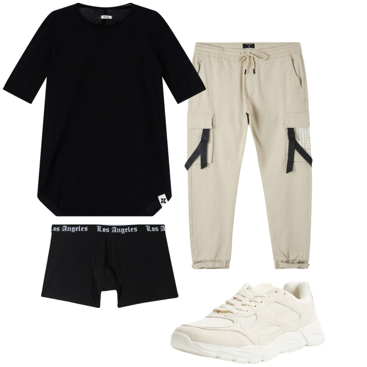 Outfit uomo - Total look #2116036. Stile Urban per Tutti i giorni. Abbinamento con pantaloni cargo, boxer, sneakers, t-shirt.