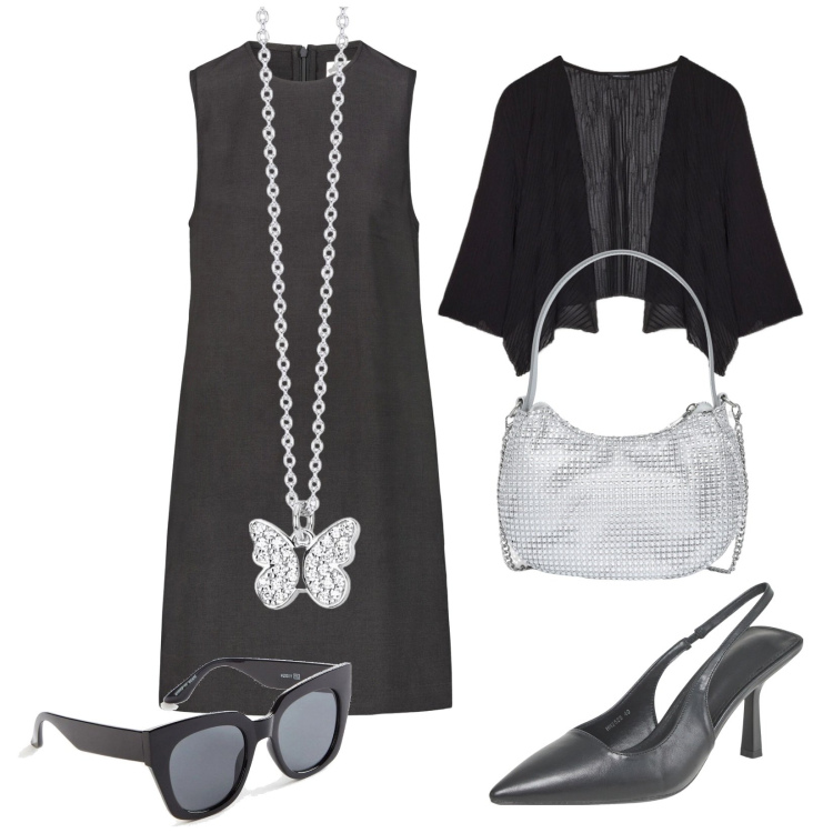 Outfit donna - In cerimonia. Stile Chic per Cerimonia. Abbinamento con occhiali da sole, décolleté, borse a spalla, collane, bolero, vestiti a tubino.