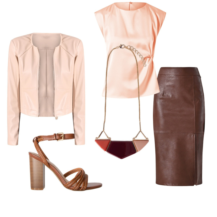 Outfit donna - Toni caldi e avvolgenti. Stile Casual chic per Serata fuori. Abbinamento con gonne longuette, top, giacche, sandali col tacco, ciondoli.