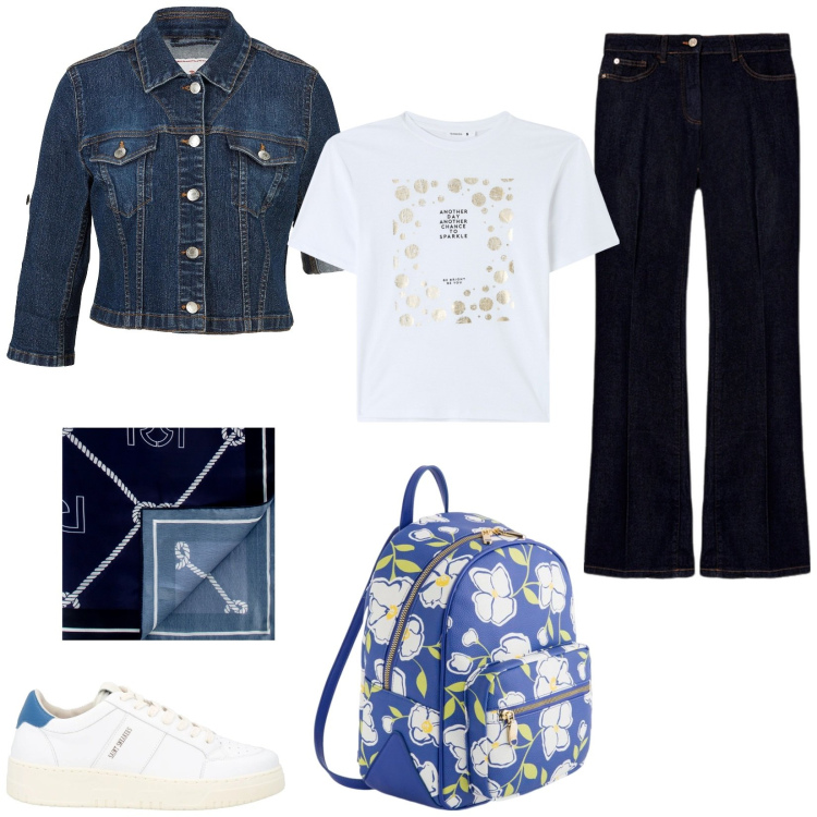 Outfit donna - Il fascino della giacca cropped. Stile Basic per Tutti i giorni. Abbinamento con blazer, sneakers, t-shirt, foulard, jeans, zaini.